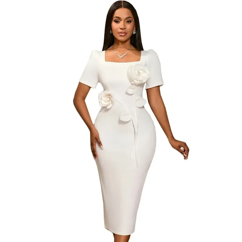 

New Elegant Square Neck Ruffle Dress Party Temperament Floral High Waist Bodycon Dress Dresses Summer Dress Robe Vestido Women