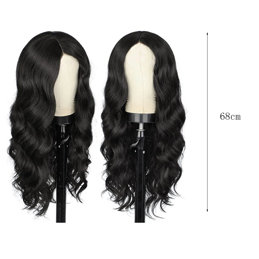 Wig sintetik 68cm gaya Eropa dan Amerika wanita, Wig ekstensi rambut bagian tengah bergelombang keriting