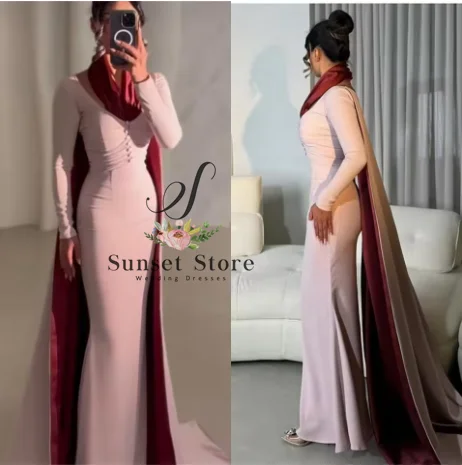 Customized  Temperament Pink Jersey Evening Dress Exquisite Halter Long Sleeves Mermaid Contrast Color Bespoke Occasion