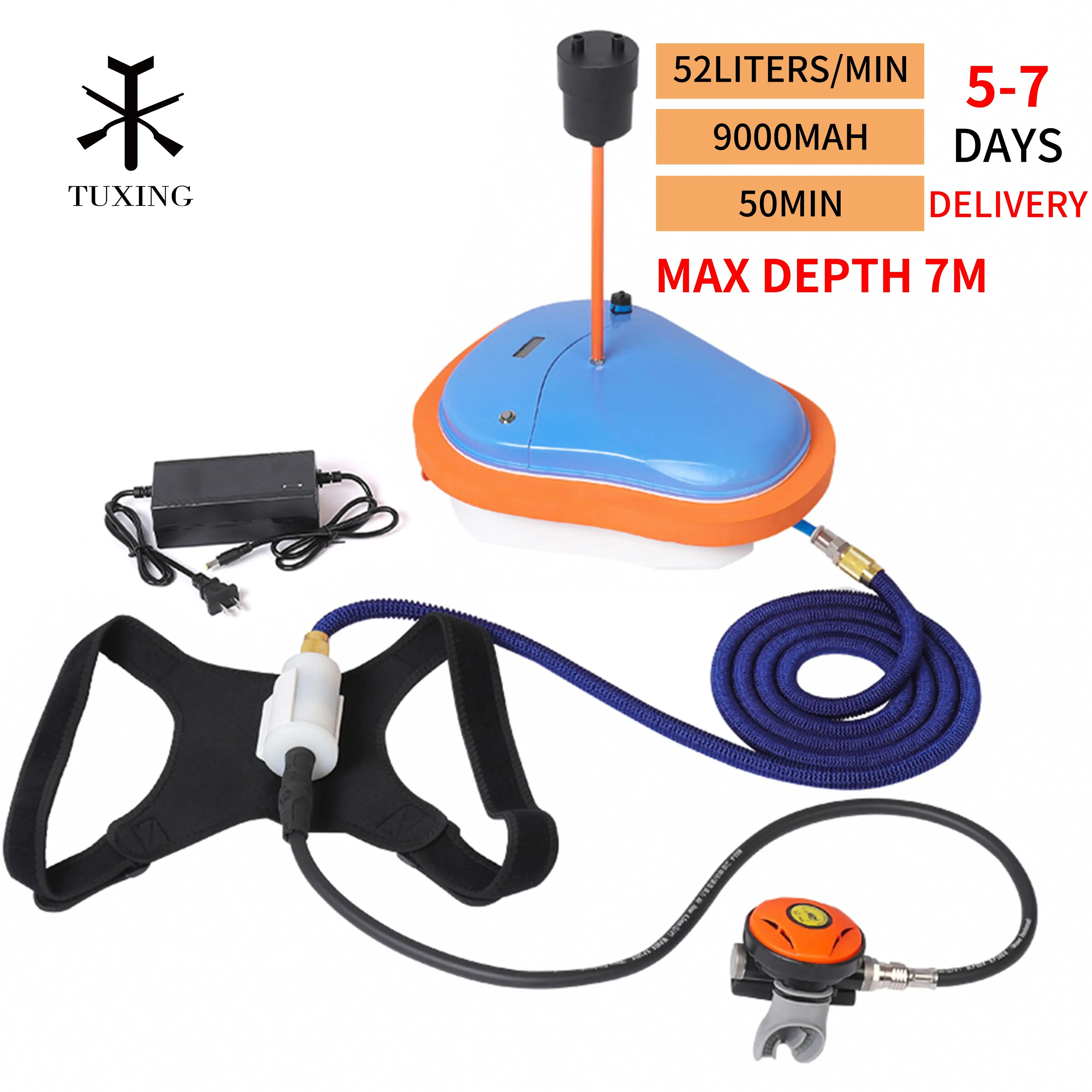 TUXING China Factory OEM Z100 180W 7Meters Electric Snorkel Waterproof Swimming Gas Respirator Fishing Scuba Diving Ventilator