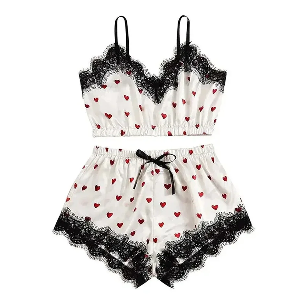 2PCS Pajama Suit Women Fashion V-Neck Stretch Satin Lace Sexy Lingerie Bowknot Pyjamas Sleep Shorts Set Sleepwear Sling Set New