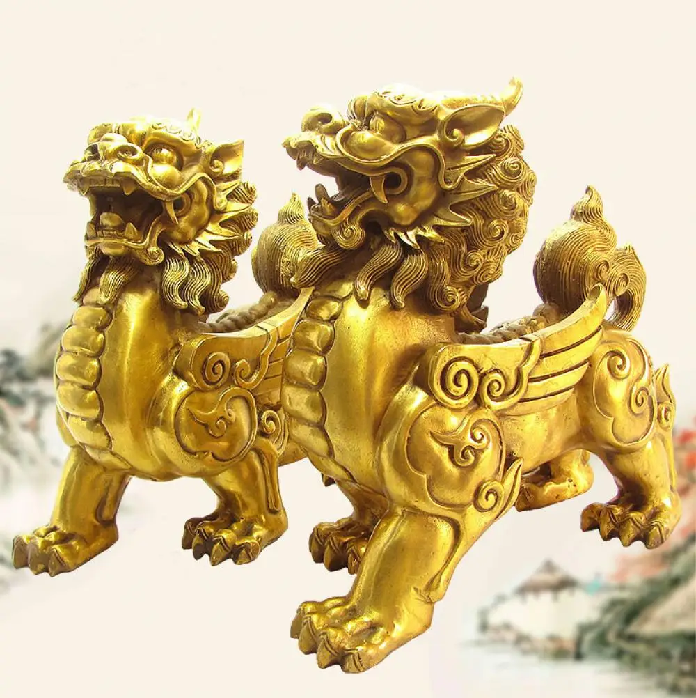 

14cm FengShui Guardian Wealth PiXiu Brave troops Best Piar Bronze Kirin statues