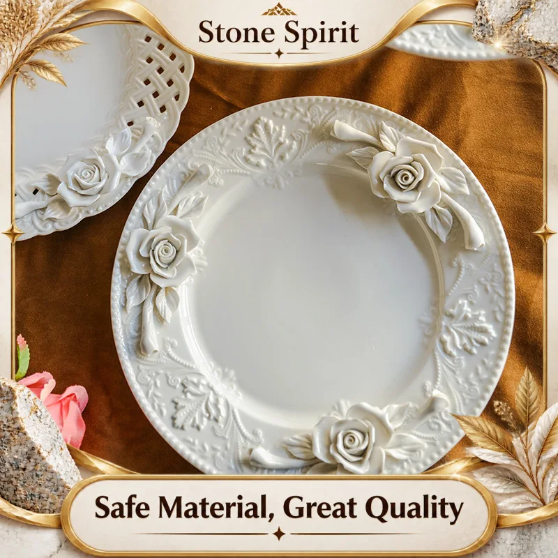 Hollow Ceramic Tableware, White Relief, Flower Kneading, Tray, Fruit Container, Appetizer, Tall Dessert Plate, Kitchen Utensils