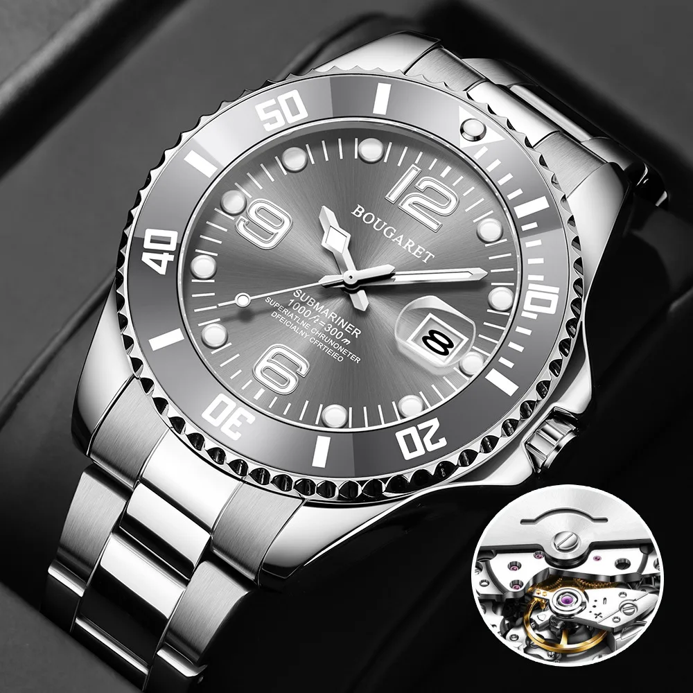 

Classic Fashion Men's Watches Waterproof Stainless Steel Quartz Wristwatch Simulated Mechanical Movement Mineral Mirror Diver