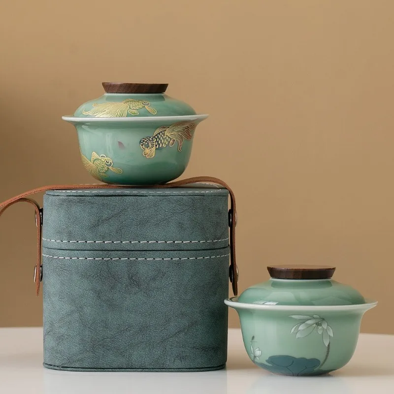 

Дорожный чайный набор Celadon Gaiwan в китайском стиле: 1 чайник, 3 чашки, портативный набор для чаепития Гунфу для дома, офиса, улицы, в подарок