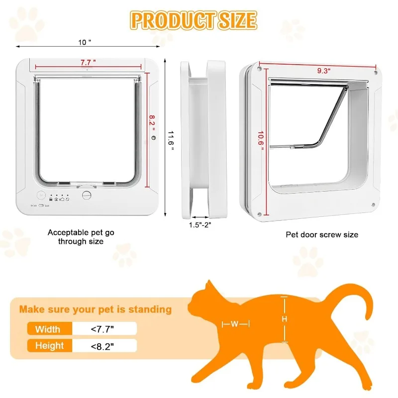 Smart Cat Door with 4 Collar Sensor Key,RFID Cat Door Collar Activated with Remote Control,4 Way Locking Cat Flap Automatic Door