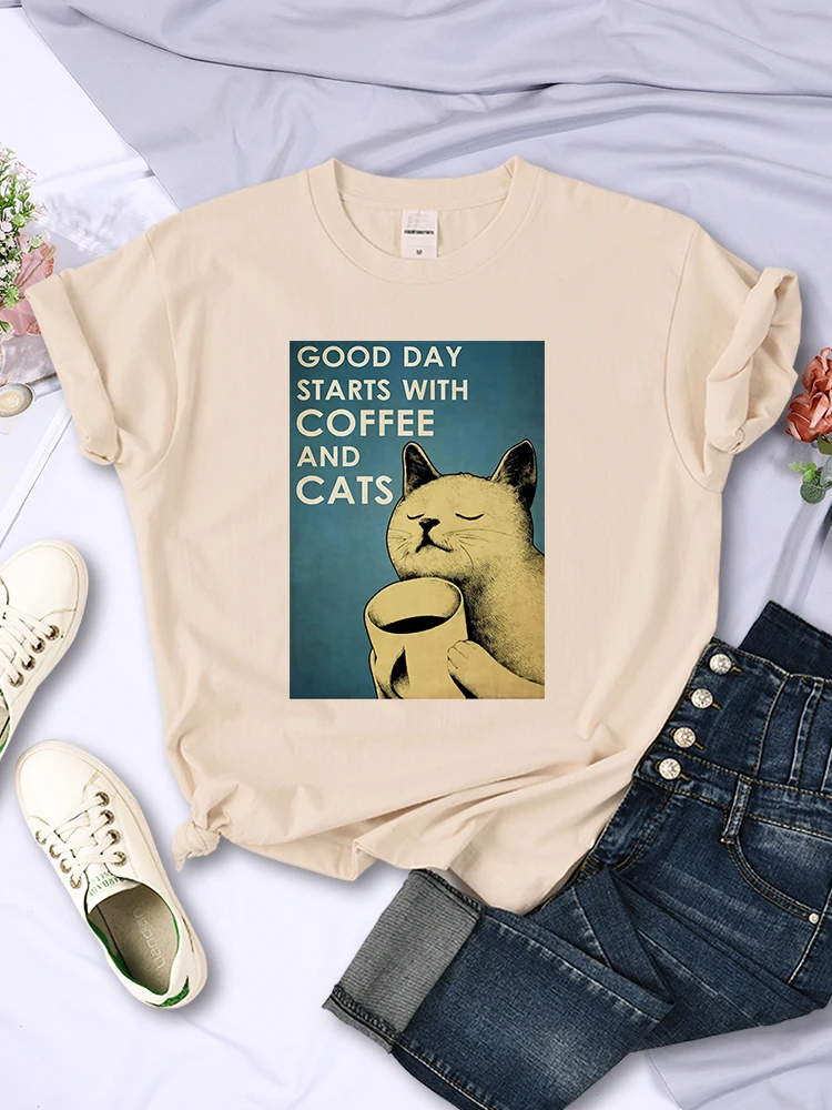 Good Day Start With Coffee And Cats Women T Shirts Summer Kawaii Short Sleeve Hip Hop Cool Luxury Clothes Korean Fashion T-Shirt