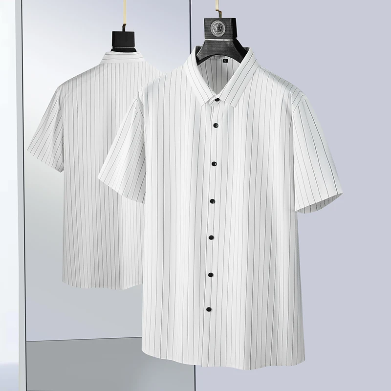 

Loose Fit Ice Silk Short Sleeve Striped Men's Shirt European Style plus Size Business Casual Summer Shirt for Big Men