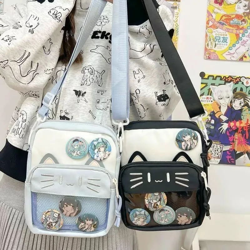 

Милая сумка-кроссбоди Y2K с мультяшным котом, мини-сумка через плечо для женщин, повседневная сумка для девушек, прозрачный карман, нейлоновая сумка для самостоятельного декорирования