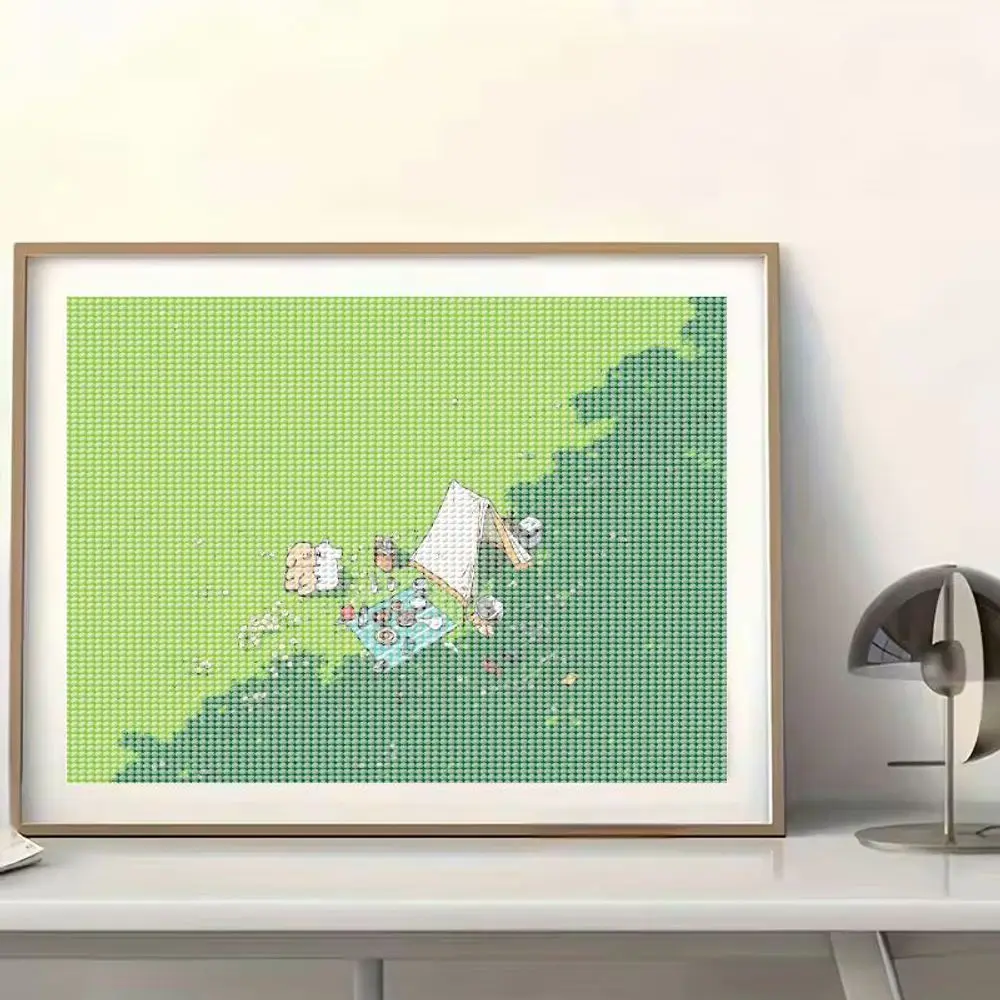 1PC 40x50CM ホワイトフレーム グリーンの草の風景 DIY 5D ダイヤモンドペインティング テントとキャラクター付き、ダイヤモンドペン、ジェル接着剤が付属