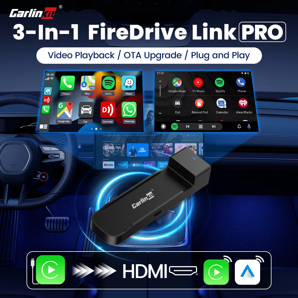 

CarlinKit 3-в-1 FireDrive Link Pro: Беспроводной CarPlay для Fire TV Stick, HDMI CarPlay, Android Auto, HD-видео, смарт-приставка для потоковой передачи
