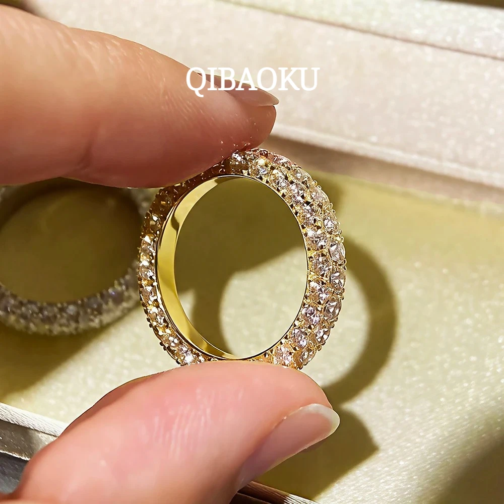 QIBAOKU Full Moissanite Rings S925 Silver 18K Gold Plate 3-Row Lab-grown Diamond For Women Wedding Band Fine Jewelry