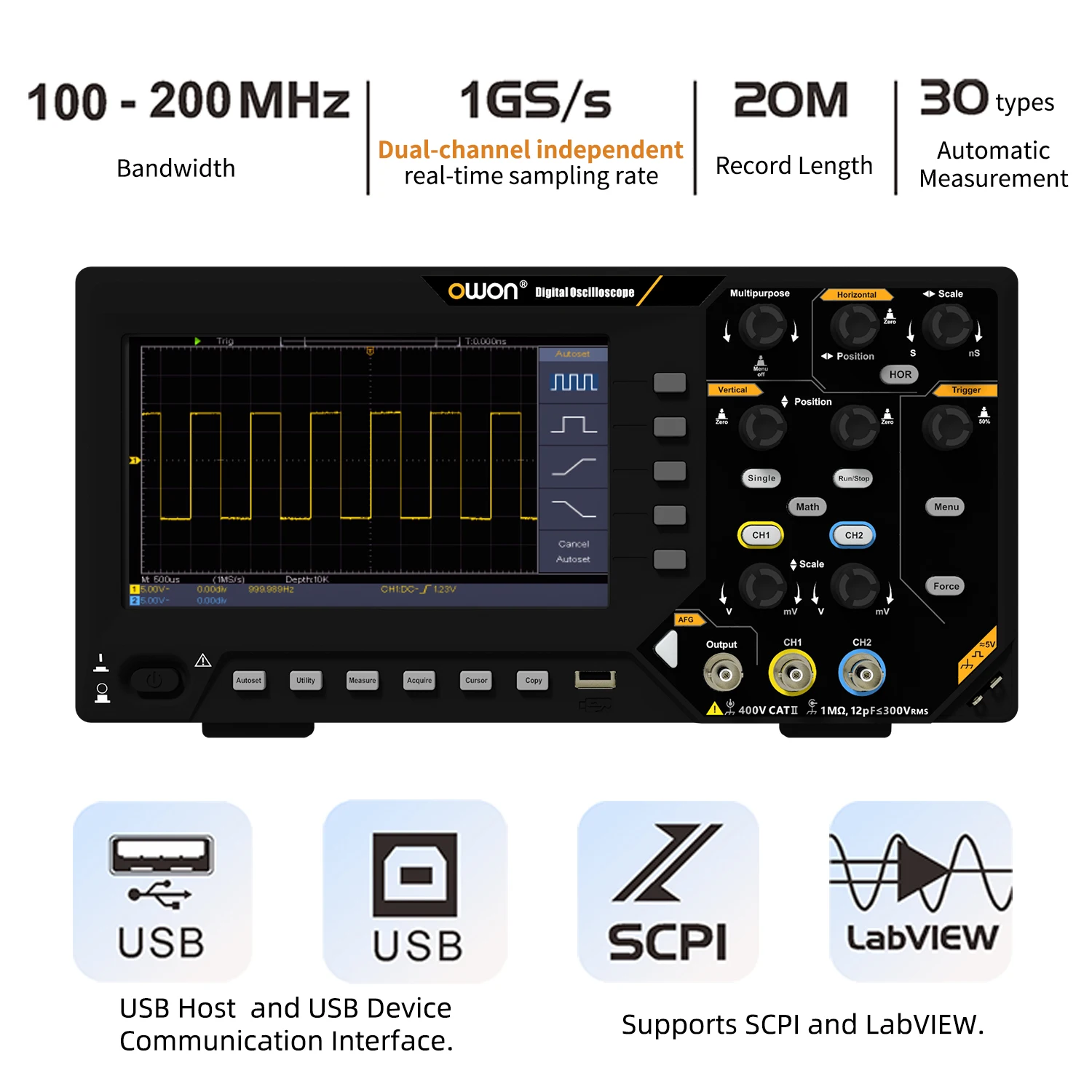 Owon Oscyloskop cyfrowy SDS200 2-kanałowy 100Mhz 150Mhz 200Mhz 1GS/s FFT+ 25MHz 14-bitowy generator sygnału SDS210S SDS215S SDS220S