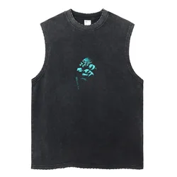 Fashion Ripped Casual Vest Harajuku Streetwear Washed Anime Print Tank Tops Men Summer Sleeveless Cotton Vintage Vest Tee Unisex