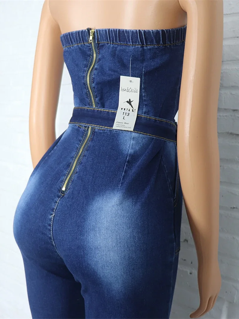 Sexy Strapless Denim Jumpsuit for Women Summer Clothes Sleeveless Bodycon Jean Pants Rompers Playsuits One Piece Overalls Outfit