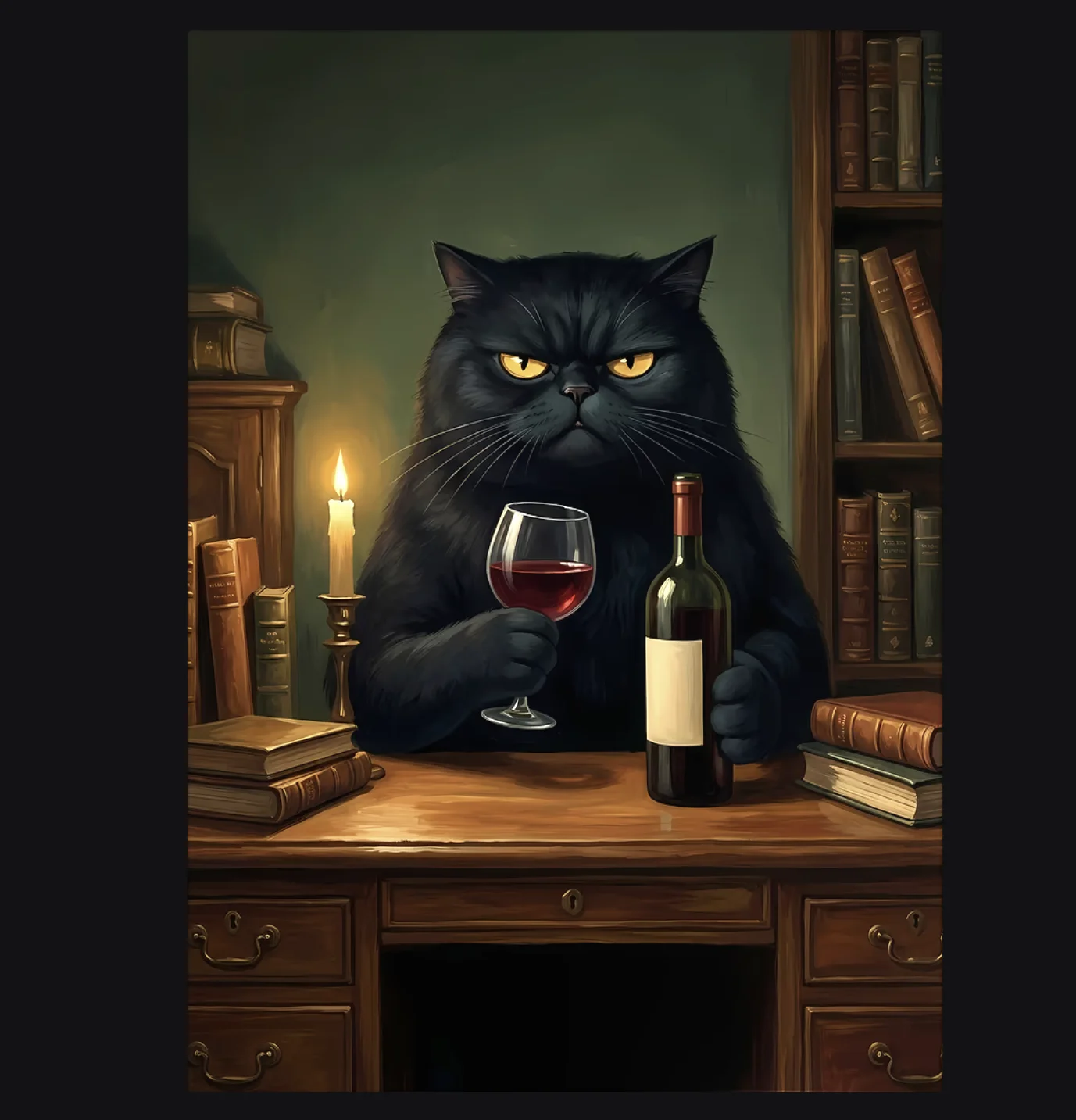 (No frame)Sophisticated Black Cat Wine Wall Art Canvas Prints Poster, Vintage Decor For Study,Bar,Dining,Library Home Wall De