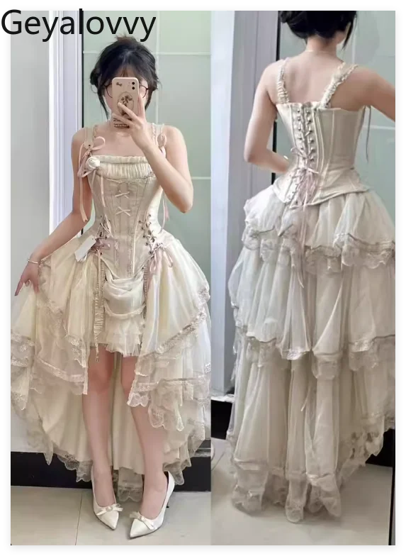 

Japanese Lolita Girl Birthday Heavy Industry Lace-up Slim Suspender Top Vest Irregular Long Skirts Princess Skirt Two Piece Set