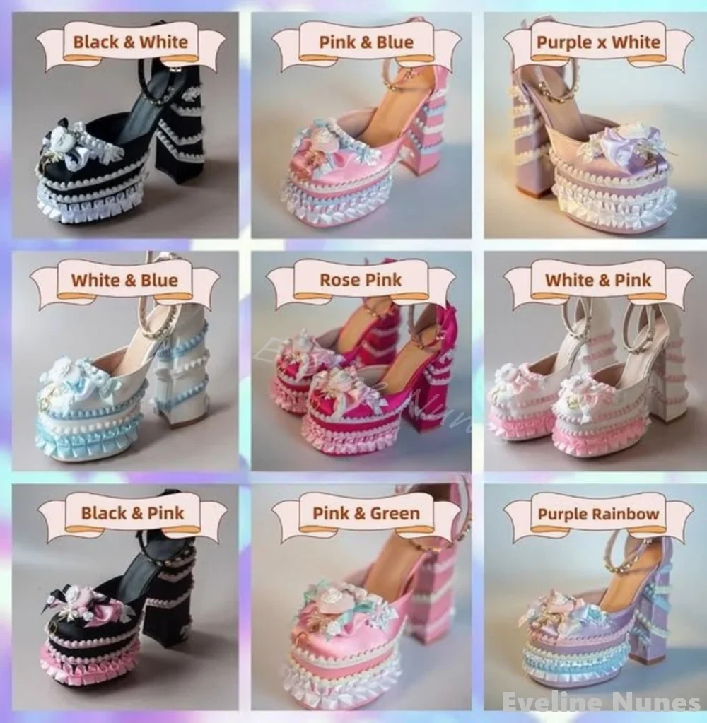 Sweet Cute Lolita High Heels Women Butterfly Knot Rhinestone Ankle Strap Cake Skirt Sandals New Party Cosplay Chunky Heel Pumps