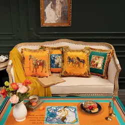 Luxury European American Printed Orange Cushion Cover Horse Pattern Velvet Pillowcase Lumbar Sofa Throw Pillow Case Tassel Edge