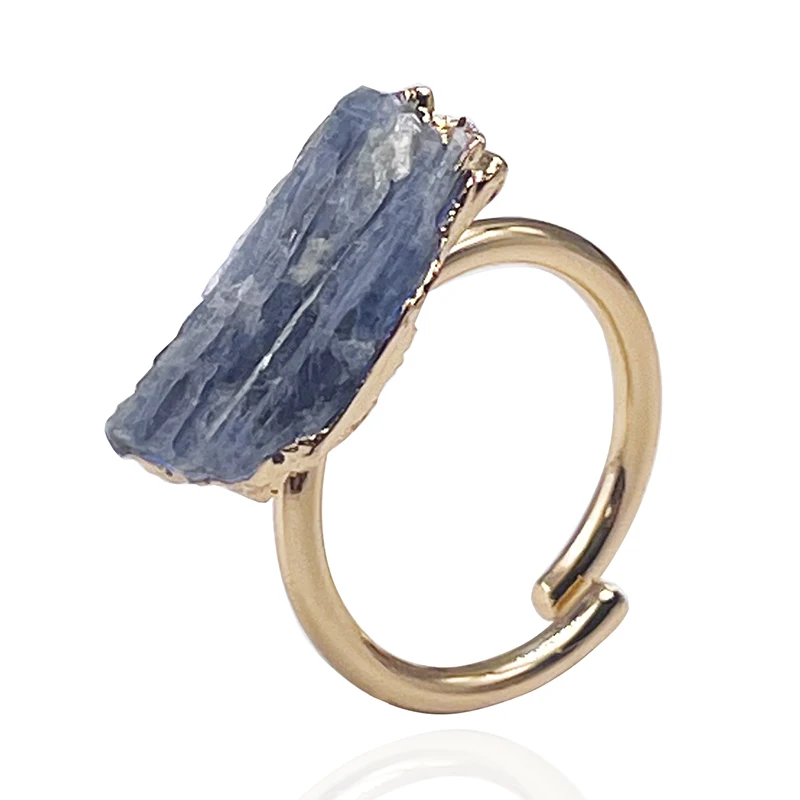 Raw Blue Kyanite Open Ring for Women Girls Gold Color Irregular Rough Stone Finger Jewelry Resizable Small Size