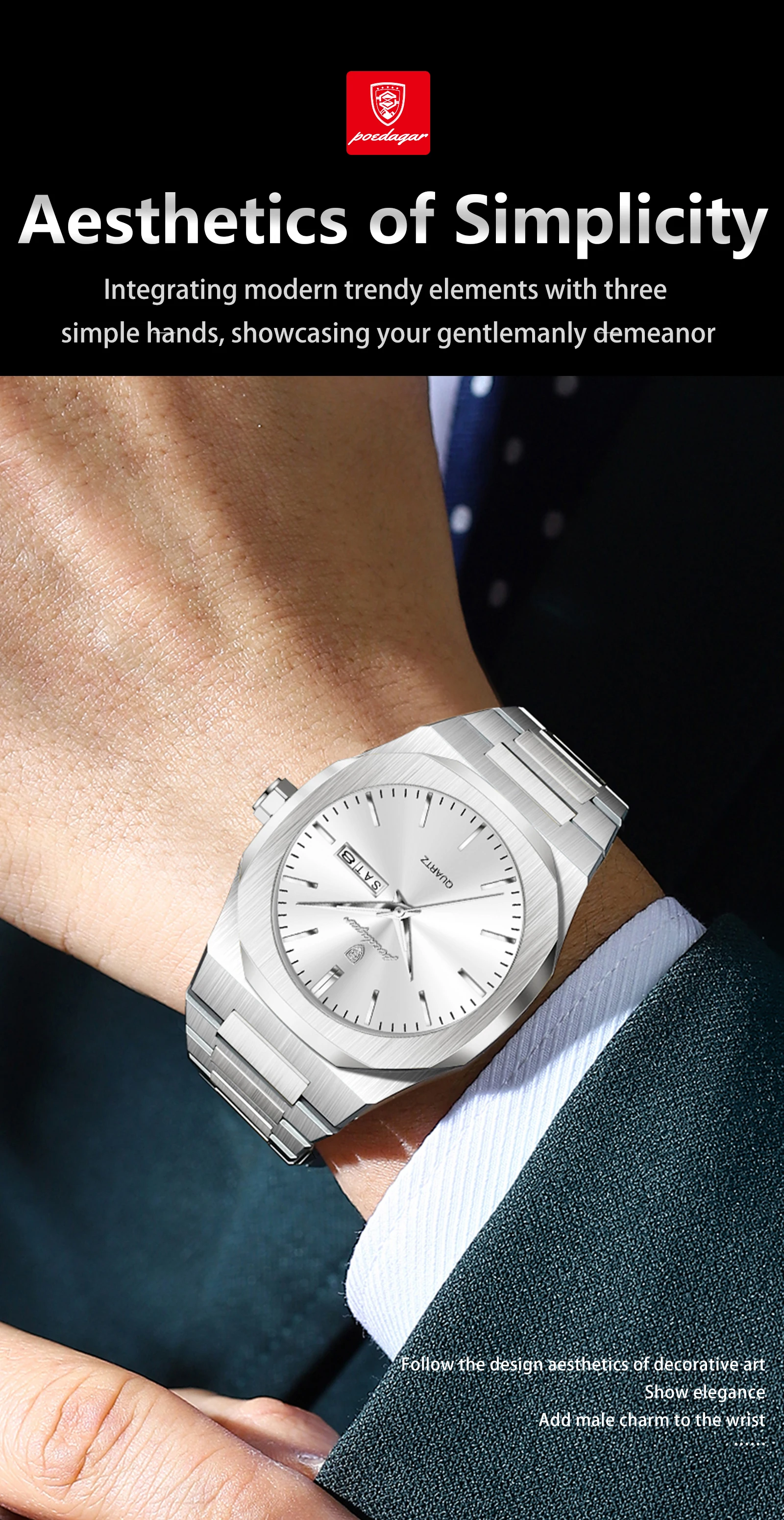 POEDAGAR Mode Marke Männliche Armbanduhr Wasserdicht Leucht Edelstahl Männer Uhr Datum Woche Casual Quarz herren Uhren Reloj – Detail 4