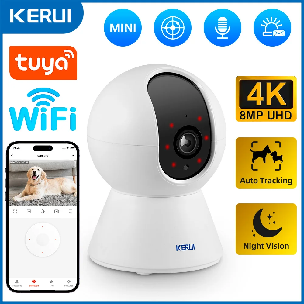 KERUI 4K 5/8MP Tuya Smart Mini WiFi IP Camera With Bracket Indoor Wireless Home Security AI Human Detect Surveillance Camera