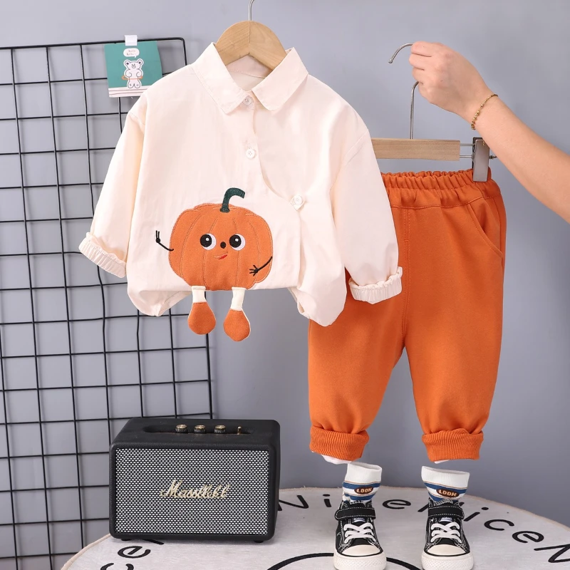 

2024 New Handsome Pumpkin Pattern Long Sleeve Shirt and Solid Color Pants Two Piece Set for Middle and Small Children