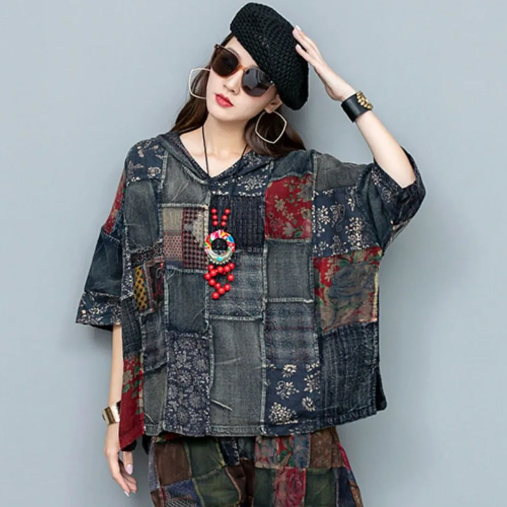 

Heavy Industry Patchwork Old Fabric Hooded Top Women 2024 Summer Loose Stylish Female T-shirt LX1935