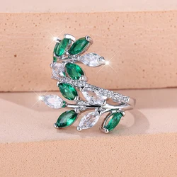 Luxury Colored Zircon Rings For Women Fashion Leaves Open Lady Ring Wedding Party Female Engagement Ring Finger Jewelry Gift