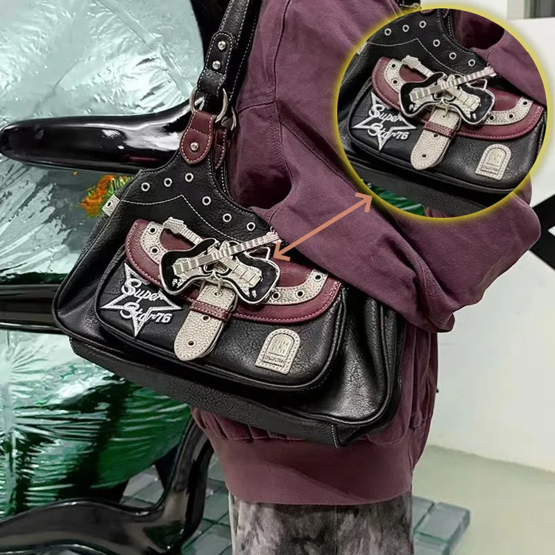 

Women Punk Style Shoulder Bag Metal Decor Vintage Top-handle Handbags Large Capacity Casual Tote Bags Y2k Trend Underarm Bags
