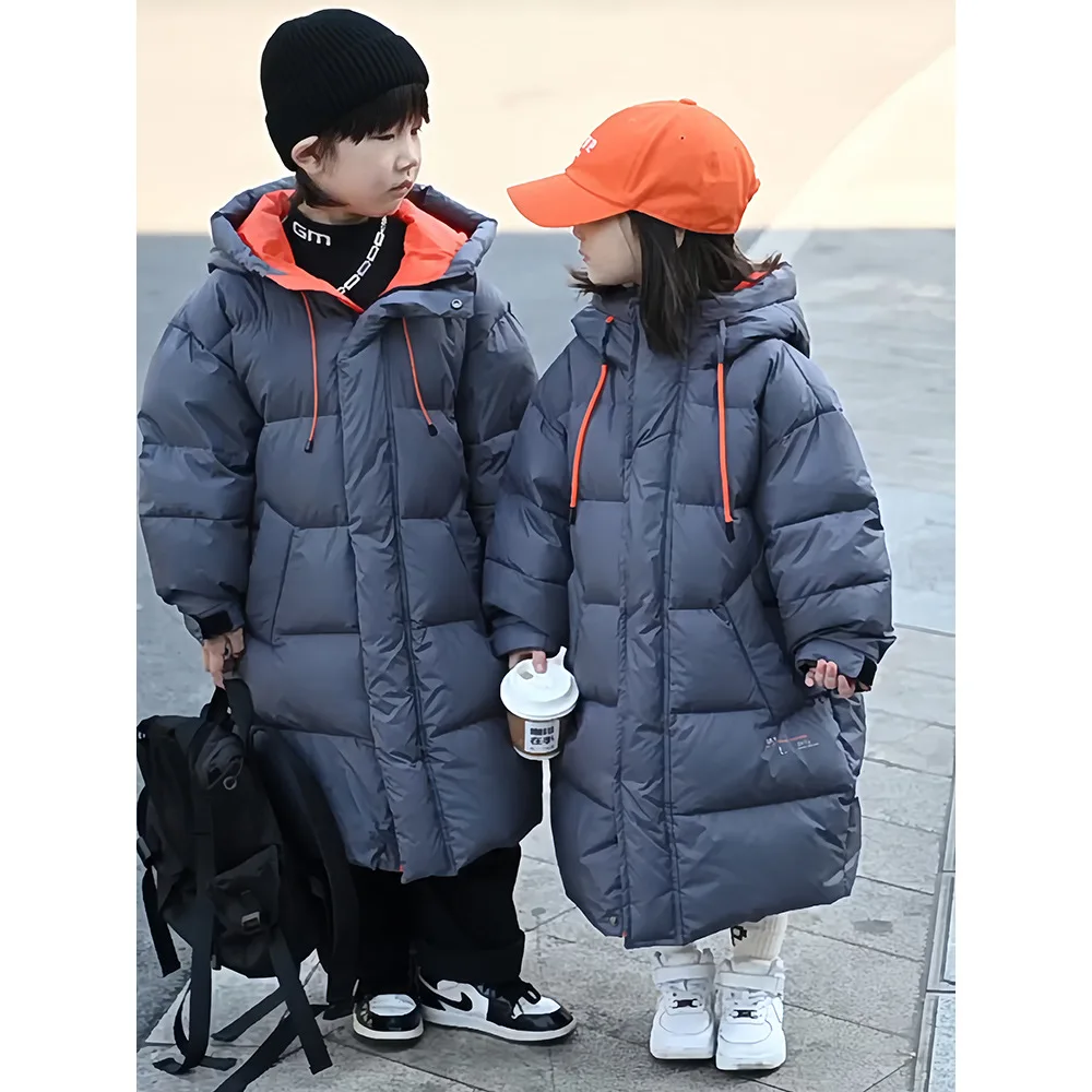 

Winter Children Boys Down Jackets Plus Velvet Thicken Warm Kids Boys Jackets Contrast Baby Boys Hooded Mid-length Snowwear Coats