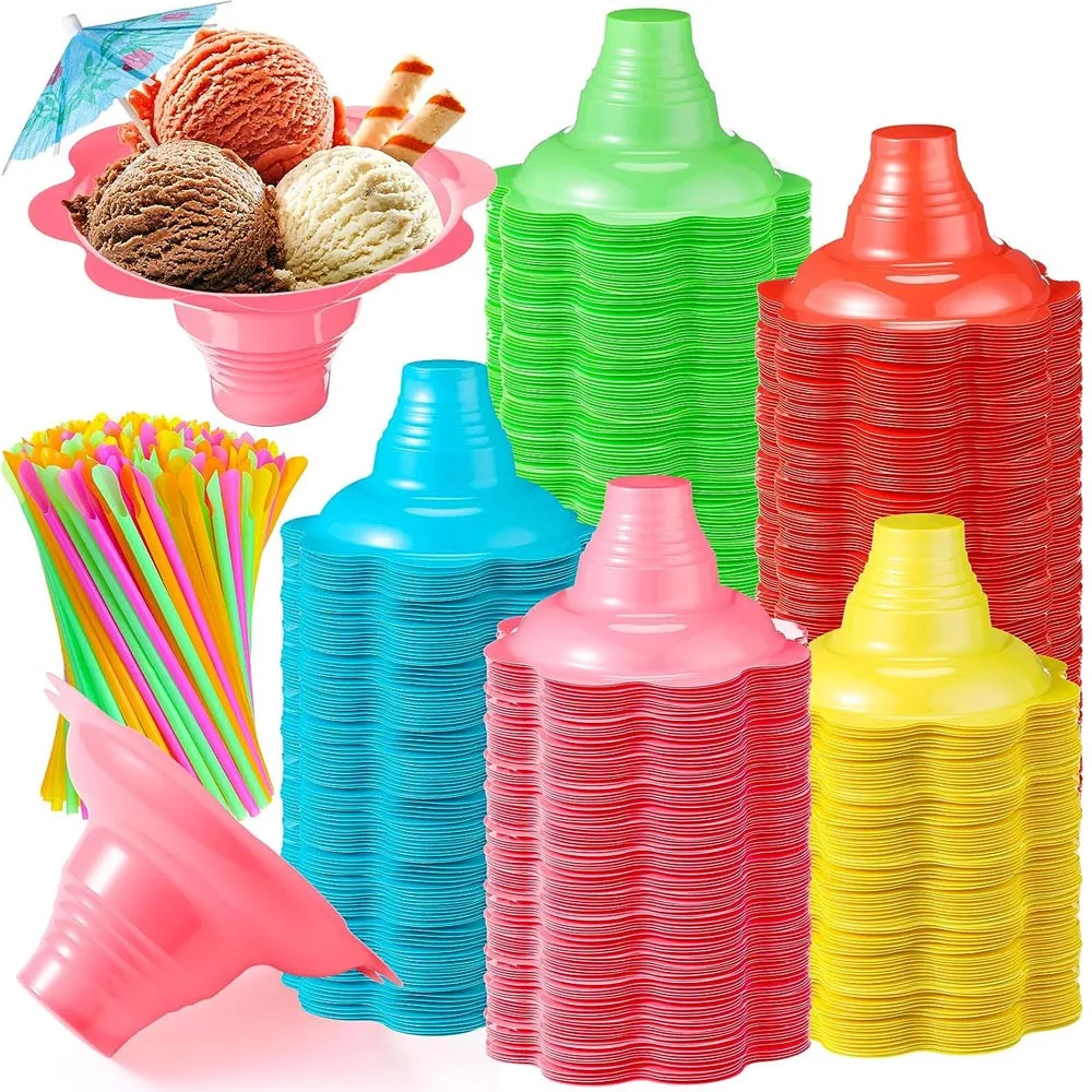 

300 Pieces/100 Sets 4 oz Colorful Flower Snow Cone Cups Shaved Ice Cups with Spoon Straws and Paper Umbrellas Kit