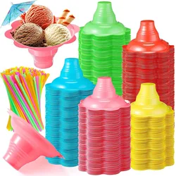 300 Pieces/100 Sets 4 oz Colorful Flower Snow Cone Cups Shaved Ice Cups with Spoon Straws and Paper Umbrellas Kit
