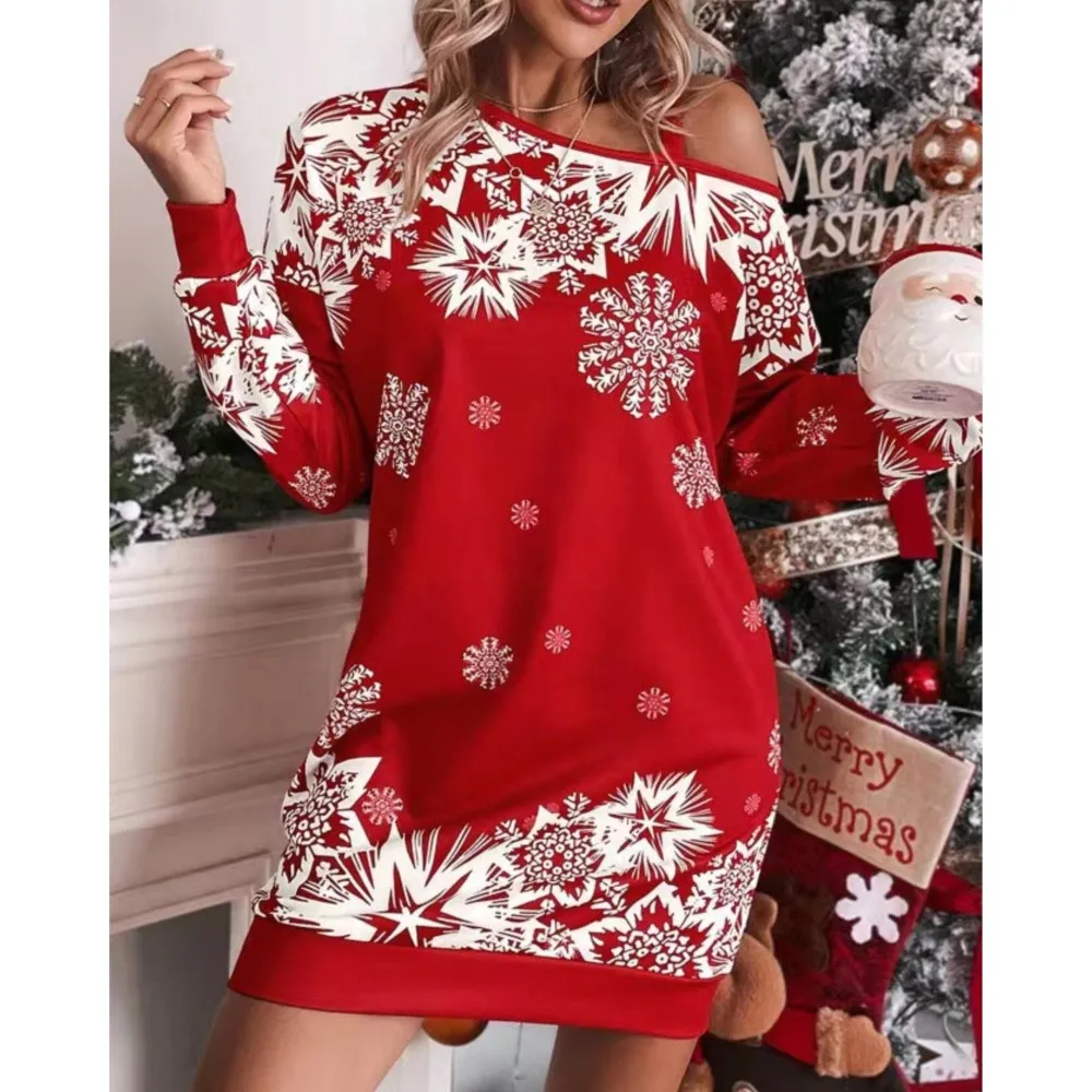 Sexy Off Shoulder Loose Pullover Dress 2024 Christmas Snowflake Print Long Sleeve Diagonal Shoulder Autumn Dress For Women Robe