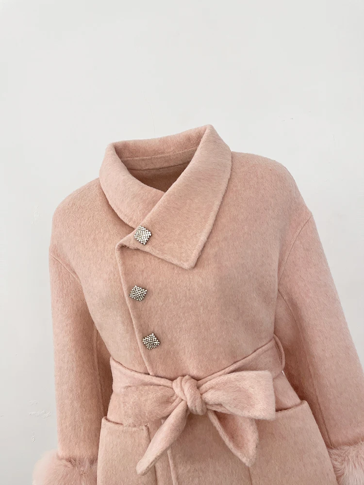 เสื้อโค้ทขนสัตว์แท้สำหรับผู้หญิง แฟชั่นฤดูใบไม้ร่วง-ฤดูหนาว ปี 2025  พร้อมเข็มขัดยาว  ผ้าขนสัตว์แคชเมียร์ผสมขนจิ้งจอกธรรมชาติ