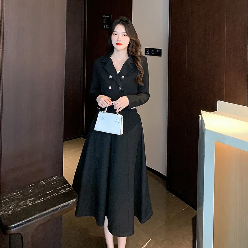 Insozkdg Fashion Women Suit Jacket Skirt High-Level Double-breasted Slimming Office Lady Tops Over-the-Knee Skirt Two-piece Set