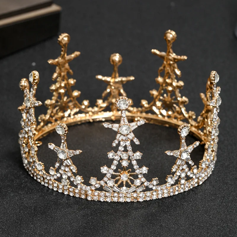 Golden Full Round Tiaras Rhinestone Star Shaped Hairband For Women Luxury Bridal Ceremony Prom Crown Wedding Hair Accessories