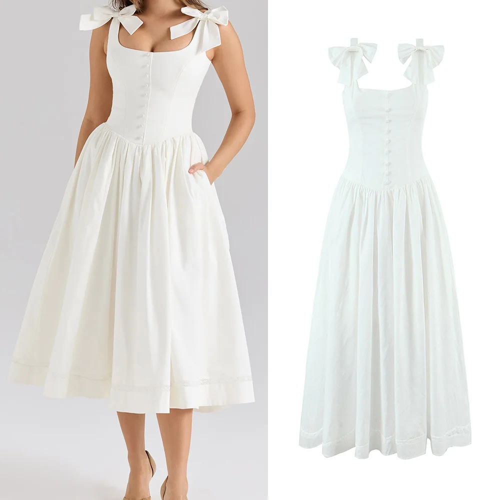 

Teen Girls Dress 2025 New Fashion Summer White Bow Midi Dresses for Girl Elegant Chic Ladylike Girl Slip Dress 15-18 Years