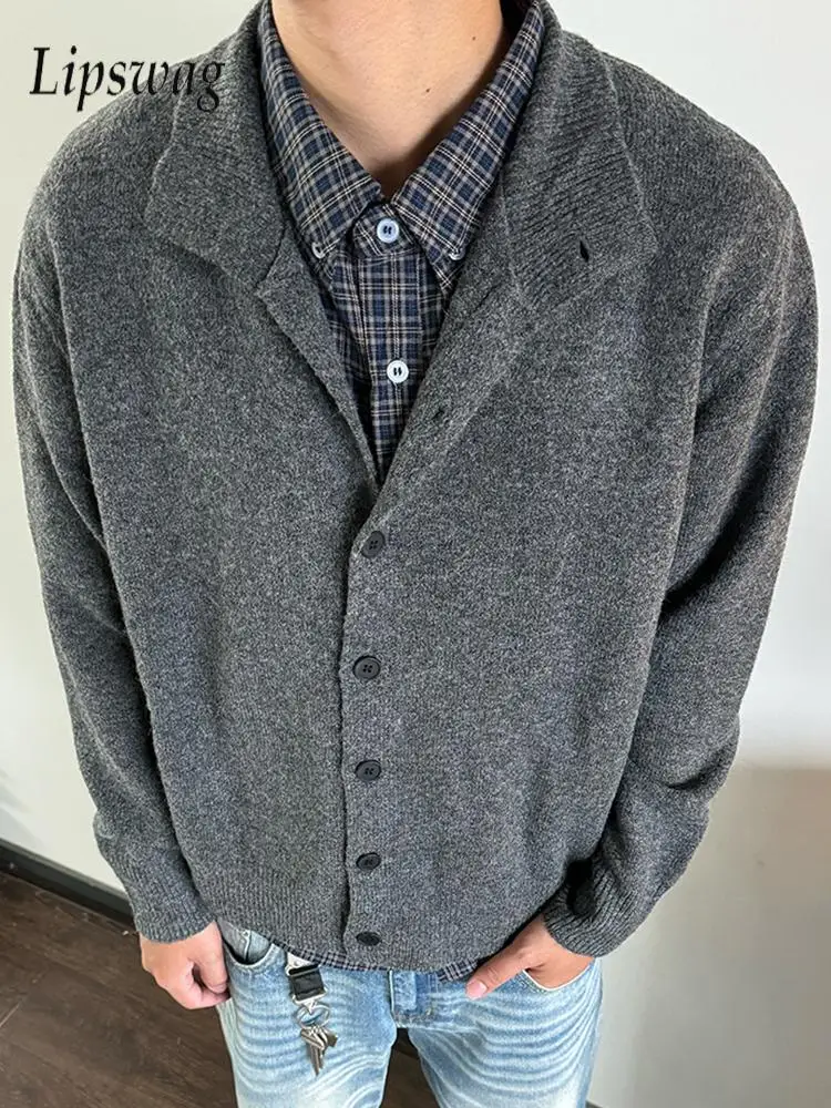 

Vintage Men's Knitted Cardigan Tops Streetwear Spring Fall Casual Solid Color Sweatercoats Men Leisure Buttoned Sweater Jacket