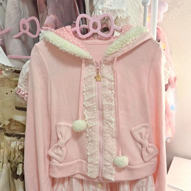 2026 Spring Japanese Sweet Pink Hooded Coat Women Polka-dot Zipper Lace Stitching Bow Jacket New Fashion Kawaii Fairy Clothing