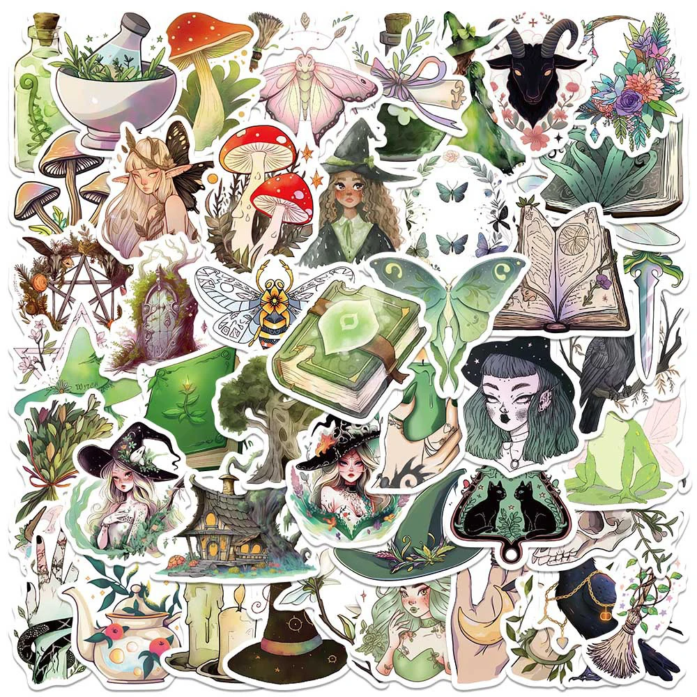 10/30/50 Stück Grüner Wald Magische Hexe Gothic Graffiti Aufkleber Vintage Graffiti-Sticker für Skateboard Handy Gepäck Coole Aufkleber