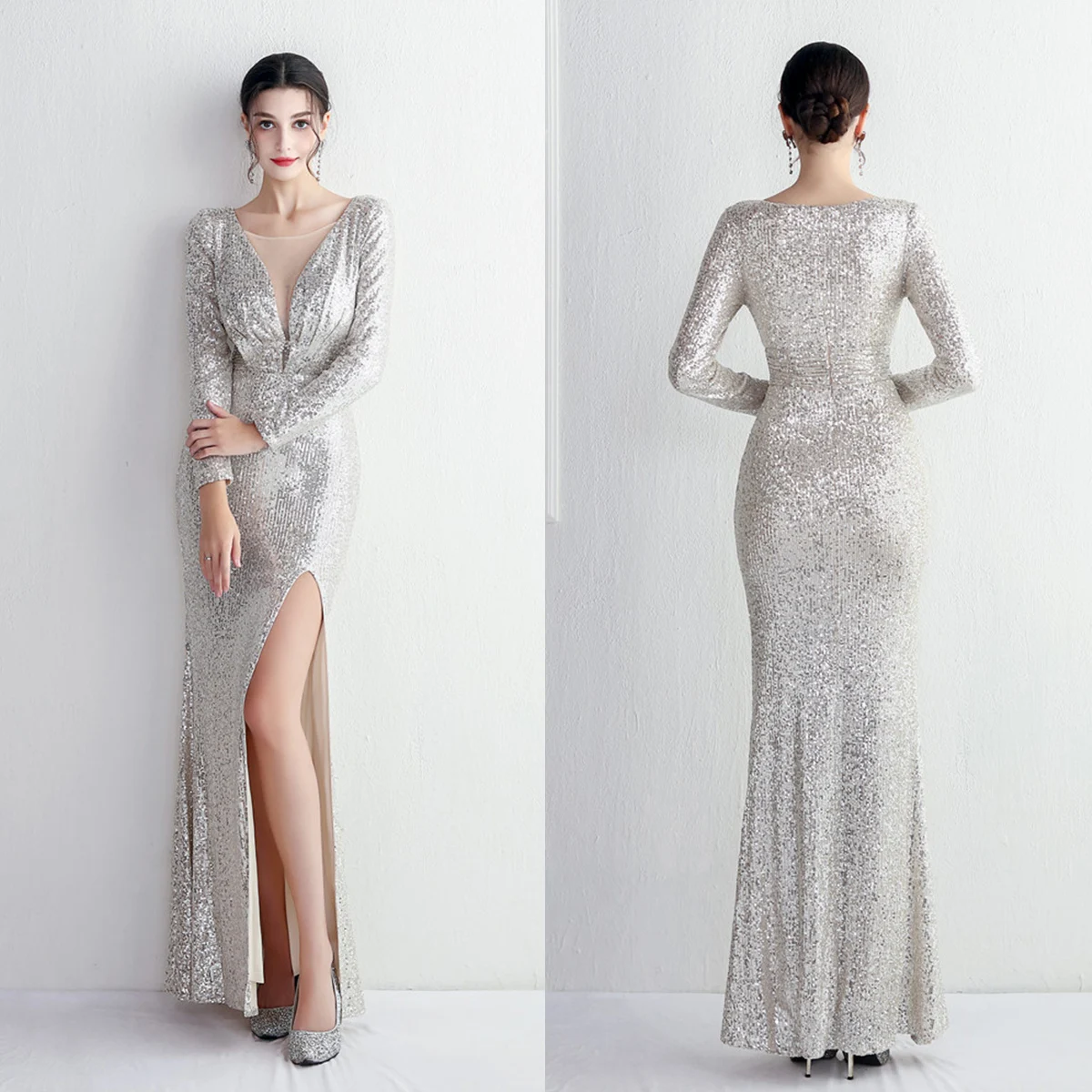 

Evening Dress Silver Sequins V-neck Sexy Full Sleeves Zipper Back Mermaid Floor length Trumpet Slit Lady Party Formal Wown YE483