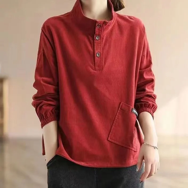 Fashion Stand Collar Button Pockets Corduroy Blouses Women\'s Clothing 2023 Autumn Winter Oversized Casual Tops Commuter Shirts