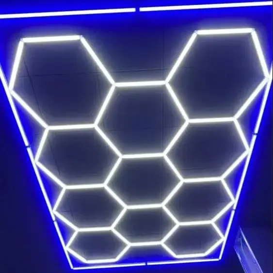 DIY 2.4x3.6M Hexagon LED Ceiling Light for Garage Barbecue Shop Gym Car Detailing Showroom 4S Workshop - Blue Frame