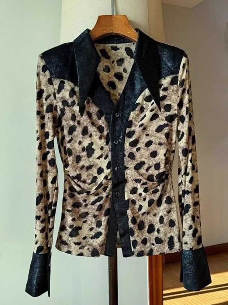 Fashion Y2k Leopard Print Shirt Vintage Contrast Long Sleeve Base Shirts Fall/Winter Sexy Spice Girl Slim Plus Size Tops Women