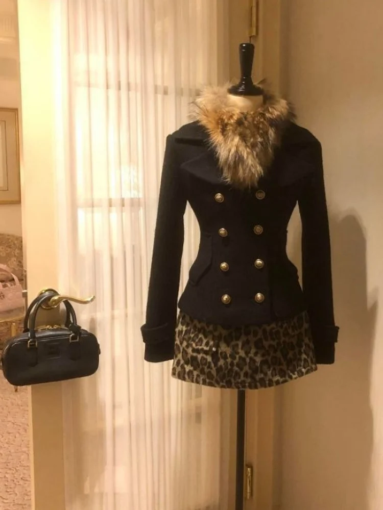 

Elegant Ladylike Small Fragrance Style Set Winter Fur Collar Waist Inward Coat Leopard Print Wrap Skirt Two Piece Set