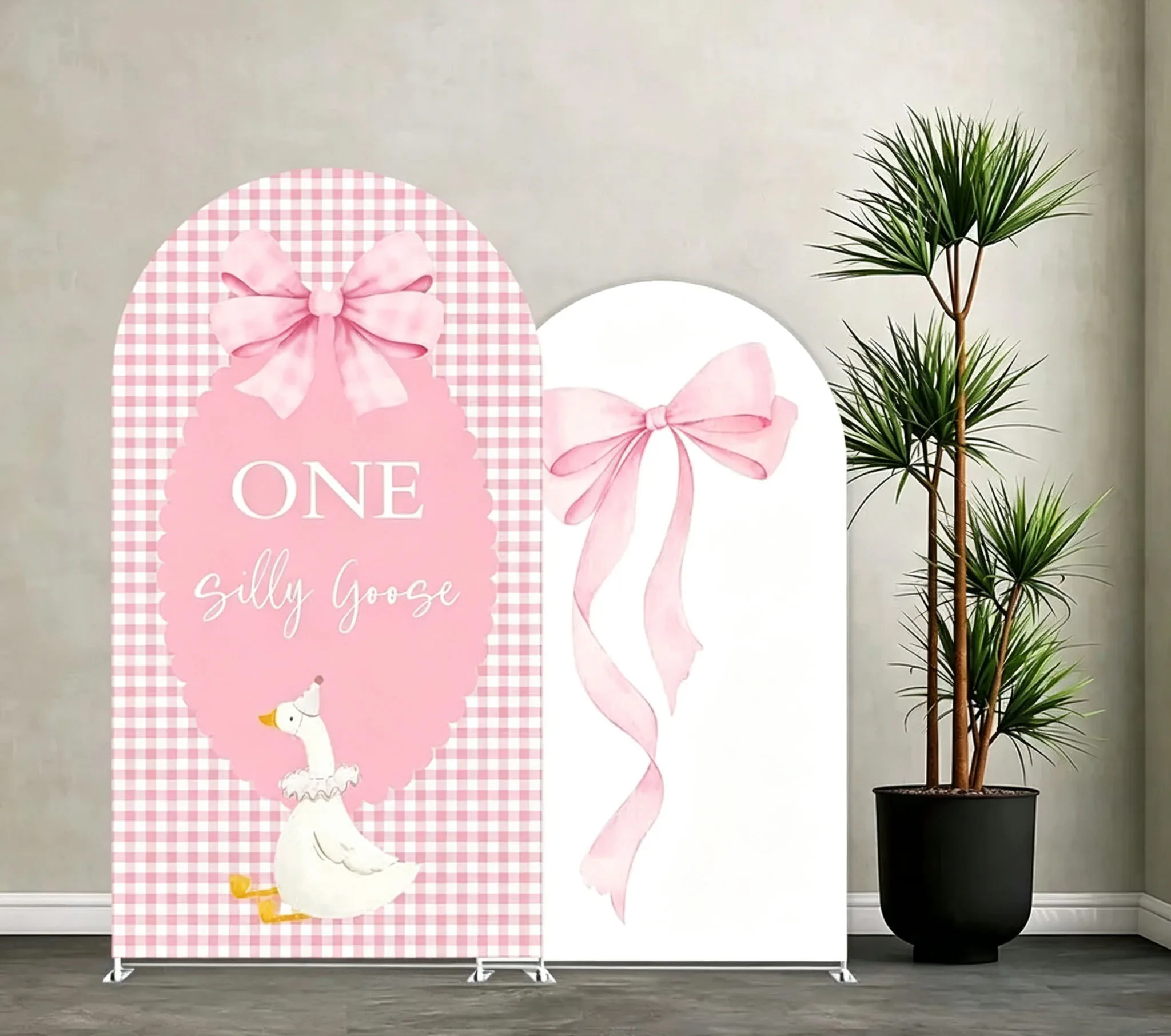 Custom 2-Side Silly Goose Baby Shower Arch Backdrop Cover Pink Bow Gingham Diy Name Age Birthday Party Photography Background