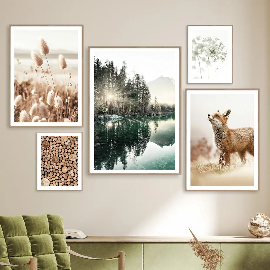 1pc frameless Canvas painting Nature Landscape Posters Morning View Lake Wood Logs Beach Grass Lace Flower Fox Wall Art Canvas P