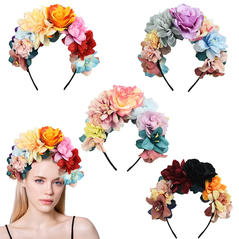 

Rose headband simulation flower holiday party photo masquerade hair accessories live stream wreath headband
