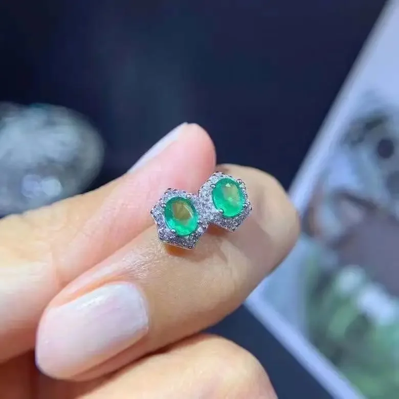 

4mm*5mm Natural Emerald Stud Earrings for Party Solid 925 Silver Emerald Silver Earrings Brithday Gift for Woman